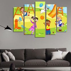 school kids abstract 5 pieces canvas wall art, large framed 5 panel canvas wall art