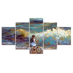 sea water bicycle sky abstract 5 pieces canvas wall art, large framed 5 panel canvas wall art