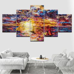 seascape graffiti sailboat abstract 5 pieces canvas wall art, large framed 5 panel canvas wall art
