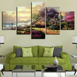 seashore cottage classic dream world abstract 5 pieces canvas wall art, large framed 5 panel canvas wall art