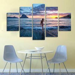 seaside sexy beauty hot woman abstract 5 pieces canvas wall art, large framed 5 panel canvas wall art