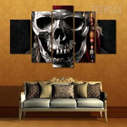silver metal skull abstract 5 pieces canvas wall art, large framed 5 panel canvas wall art