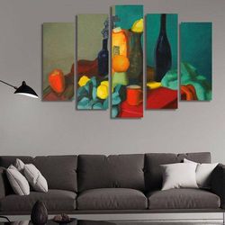 table bottles and fruits abstract 5 pieces canvas wall art, large framed 5 panel canvas wall art