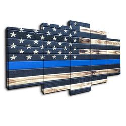 thin blue line wood like abstract 5 pieces canvas wall art, large framed 5 panel canvas wall art