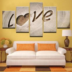 wood carved love abstract 5 pieces canvas wall art, large framed 5 panel canvas wall art
