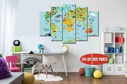 world map nursery abstract 5 pieces canvas wall art, large framed 5 panel canvas wall art