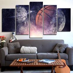 basketball and planets starry sky night abstract art large framed 5 pieces canvas wall art decor