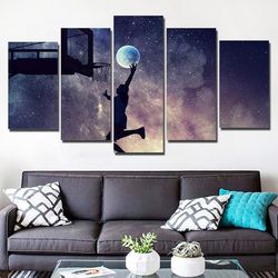 basketball wall art slam dunk player moon evening sport and abstract art large framed 5 pieces canvas wall art decor