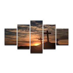 christian sunset cross religion art large framed 5 pieces canvas wall art decor