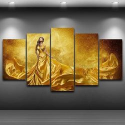 girl in golden ball gown abstract art large framed 5 pieces canvas wall art decor