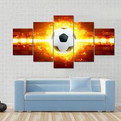 soccer ball in fire abstract art large framed 5 pieces canvas wall art decor