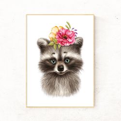 raccoon nursery decor, forest animal nursery wall art, woodland nursery animals - digital file that you will download