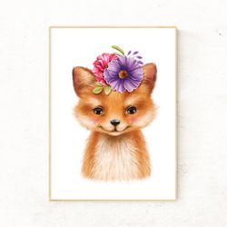 cute baby fox art, baby fox with flower crown, fox nursery print, cute fox artwork - digital file that you will download