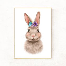 cute floral bunny, hare prints, bunny rabbit nursery decor, nursery bunny wall art - digital file that you will download