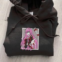 zero two embroidered crewneck, darling in the franxx embroidered sweatshirt, inspired embroidered manga anime hoodie