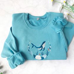 blue ocean whale embroidered sweatshirt, whale embroidery crewneck, nature lover gift