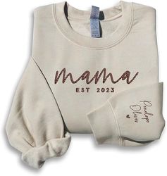 godlover personalized embroidered mama est sweatshirt, custom kids name with heart on sleeve, mama birthday gift