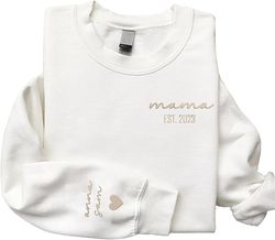 godlover personalized embroidered mama est sweatshirt, custom kids name with heart on sleeve