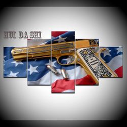 2nd amendment gold gun american flag army 5 pieces canvas wall art, large framed 5 panel canvas wall art