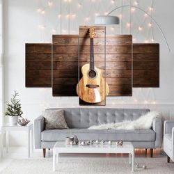 acoustic guitar on wood music 5 pieces canvas wall art, large framed 5 panel canvas wall art