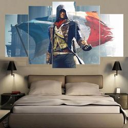 assassins creed character flag gaming 5 pieces canvas wall art, large framed 5 panel canvas wall art