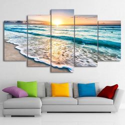 beach sunrise ocean 5 pieces canvas wall art, large framed 5 panel canvas wall art