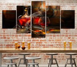 glass and cigars luxury 5 pieces canvas wall art, large framed 5 panel canvas wall art