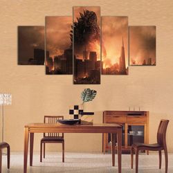 godzilla city destruction movie 5 pieces canvas wall art, large framed 5 panel canvas wall art