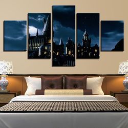 harry potter hogwarts castle night landscape movie 5 pieces canvas wall art, large framed 5 panel canvas wall art