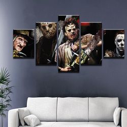 horror movie characters freddie jason michael myers movie 5 pieces canvas wall art, large framed 5 panel canvas wall art