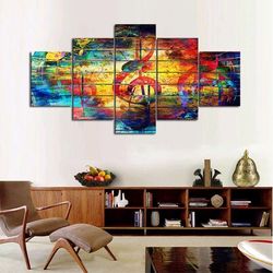 music on wood muisc 5 pieces canvas wall art, large framed 5 panel canvas wall art