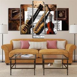 musical instruments guitar saxophone violin music score music 5 pieces canvas wall art, large framed 5 panel canvas wall