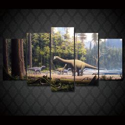 prehistoric dinosaur jurassic forest cartoon 5 pieces canvas wall art, large framed 5 panel canvas wall art