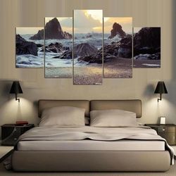 rocky beach ocean 5 pieces canvas wall art, large framed 5 panel canvas wall art