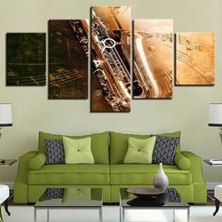 saxophone and sheet music 5 pieces canvas wall art, large framed 5 panel canvas wall art