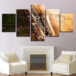 saxophone music 5 pieces canvas wall art, large framed 5 panel canvas wall art