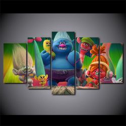 trolls character cartoon movie cartoon 5 pieces canvas wall art, large framed 5 panel canvas wall art