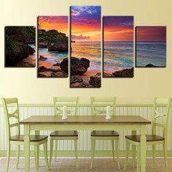 tropical beach sunset ocean 5 pieces canvas wall art, large framed 5 panel canvas wall art