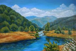 original mountain landscape oil painting on canvas, mountain lake, scenic river, blue lake, mountain river, landscape ar