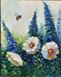 floral mood of painting. bees on flowers. painting for the interior