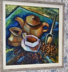coffee still life, oil painting, original painting. painting as a gift to decorate the kitchen interior.