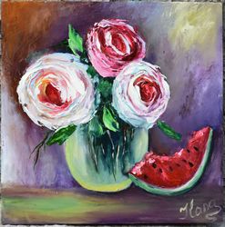 floral still life with a slice of watermelon, oil painting. fruit art