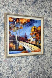 autumn landscape, autumn bridge. painting for a cozy interior. we paint with a brush and palette knife.