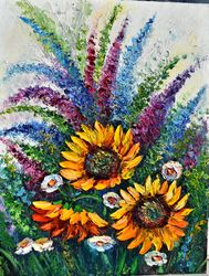 bouquet of flowers and sunflowers. original painting with large palette knife strokes. interior painting