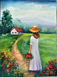 girl with flowers, sunny landscape. painting with a palette knife. landscape with oil paints.