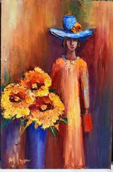 flower arrangement, lady in hat miniature painting