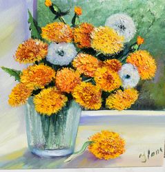 yellow sunny dandelions, oil painting. floral decor art for interior