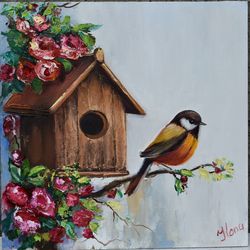 spring painting, bird near the nest, landscape oil painting bird oil painting