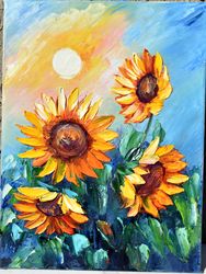 evening sunflowers in the sun, oil painting