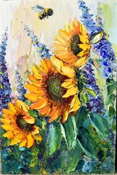 sunflowers and wildflowers, oil painting with flowers impasto, oil painting